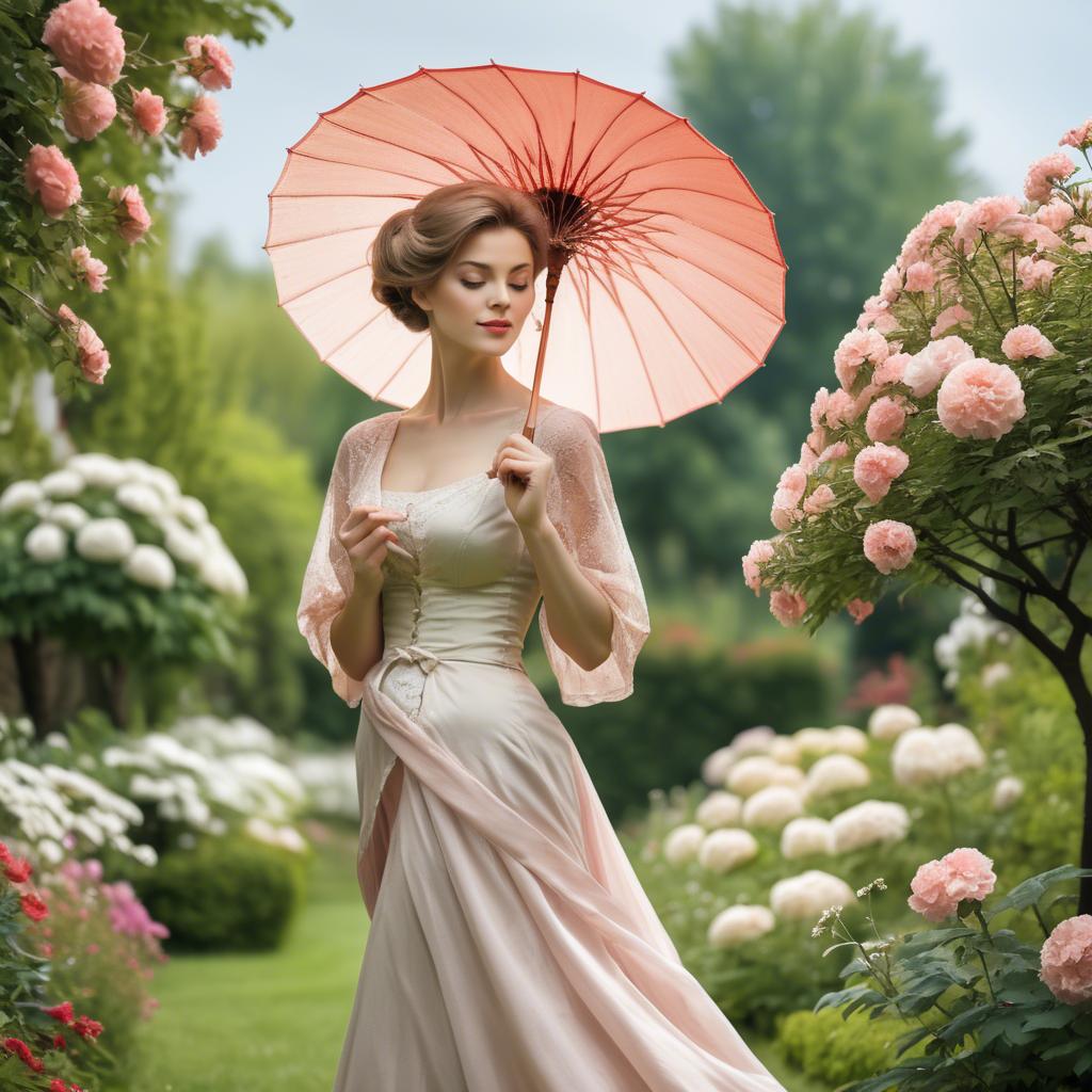A stunning image of graceful woman with a parasol in a blooming garden.