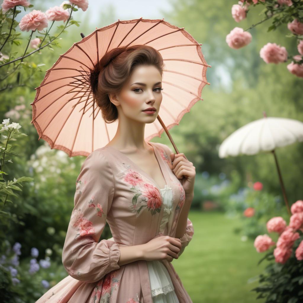 A stunning image of graceful woman with a parasol in a blooming garden.