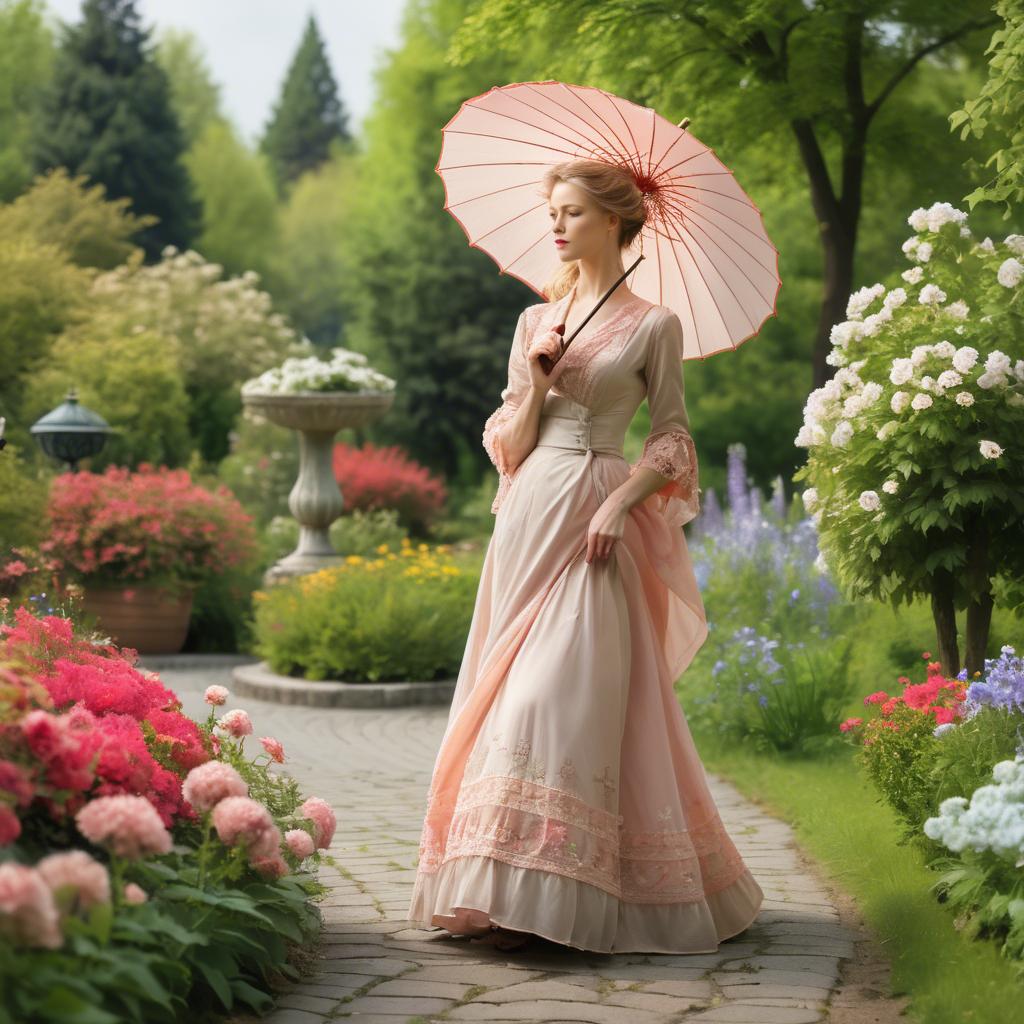 A stunning image of graceful woman with a parasol in a blooming garden.