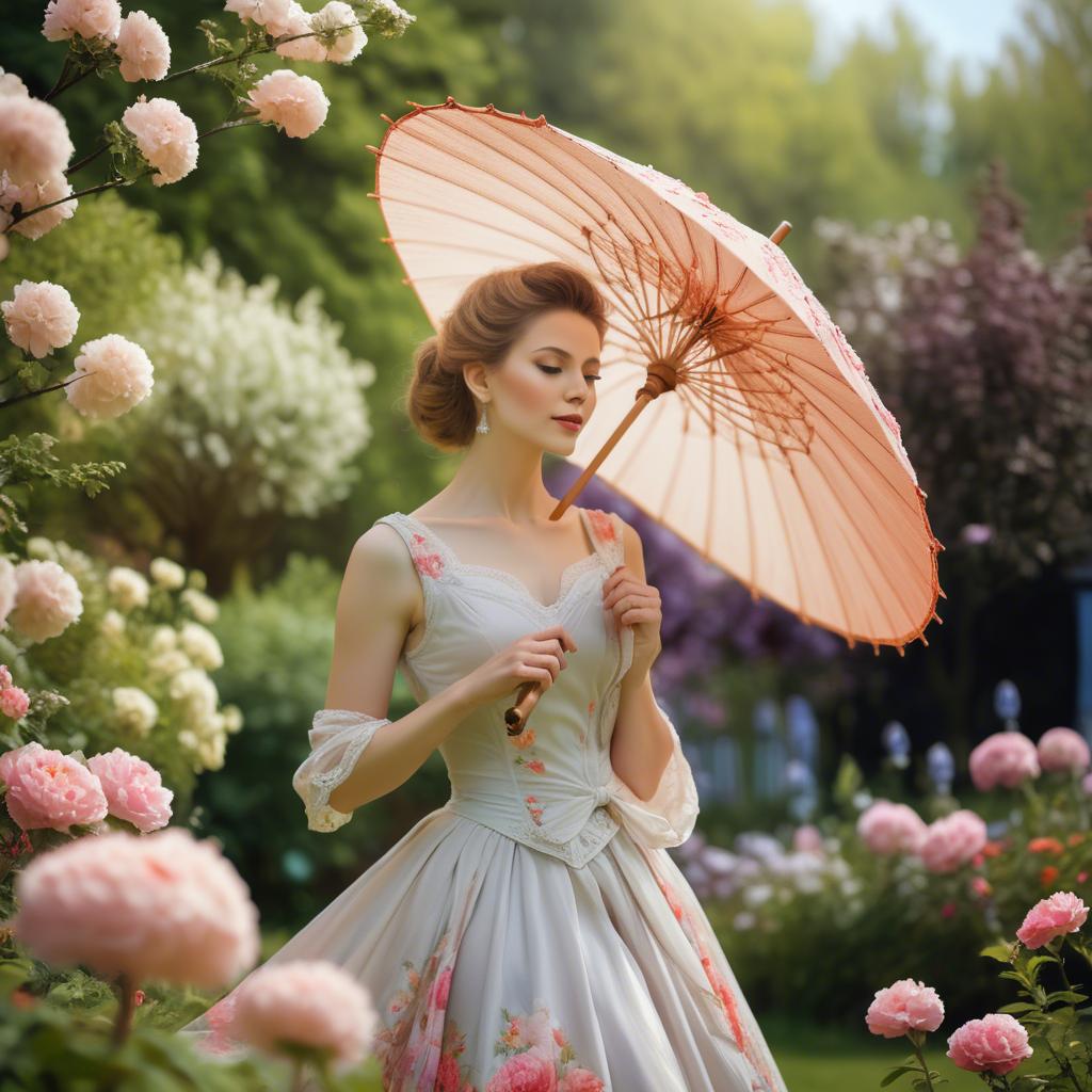 A stunning image of graceful woman with a parasol in a blooming garden.