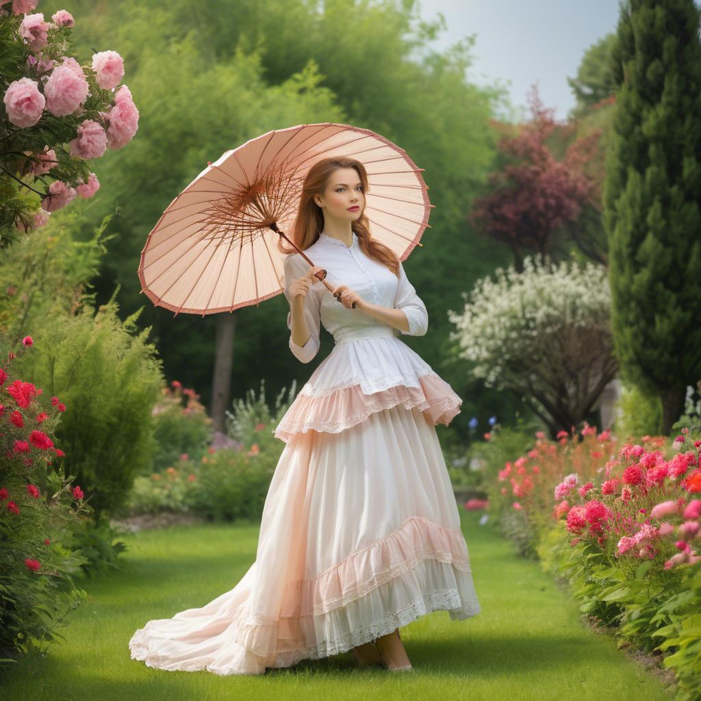 A stunning image of graceful woman with a parasol in a blooming garden.
