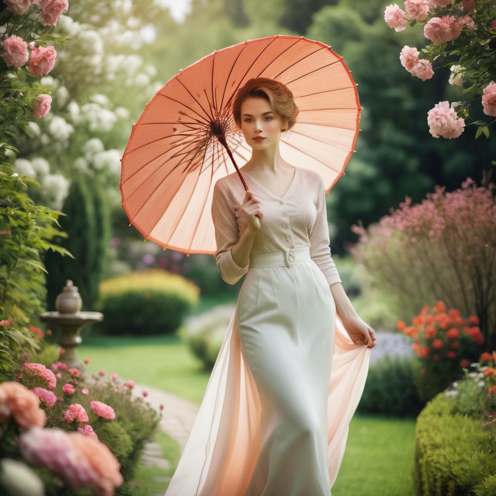 A stunning image of graceful woman with a parasol in a blooming garden.