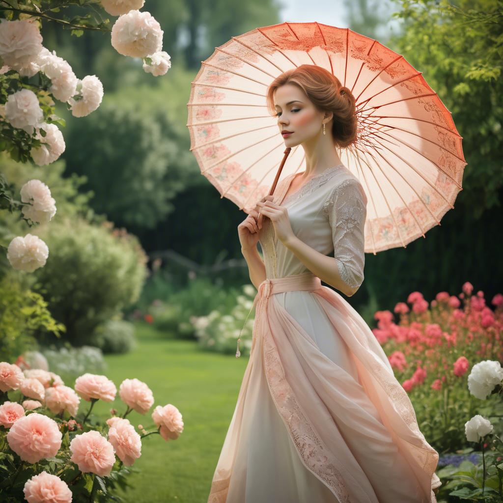 A stunning image of graceful woman with a parasol in a blooming garden.