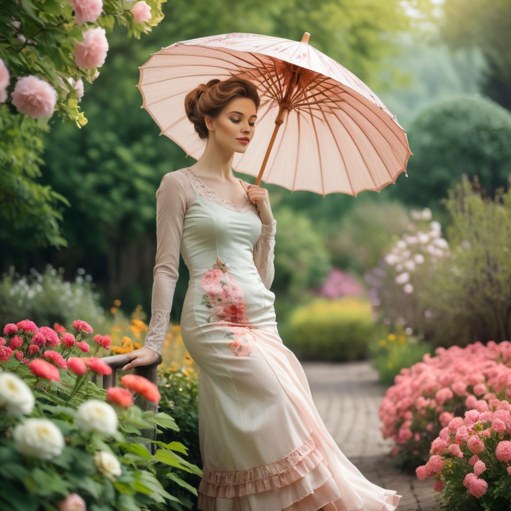 A stunning image of graceful woman with a parasol in a blooming garden.