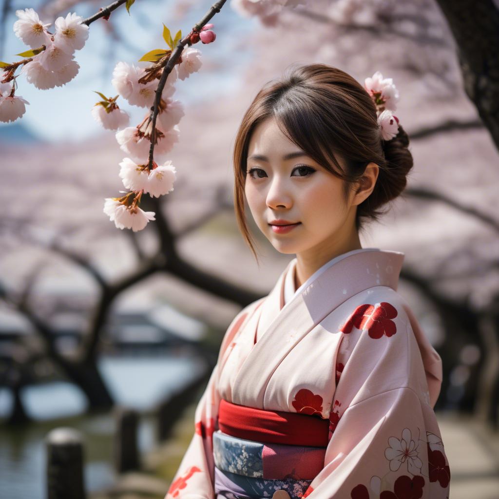 A stunning image of japanese girl in a kimono under cherry blossoms.