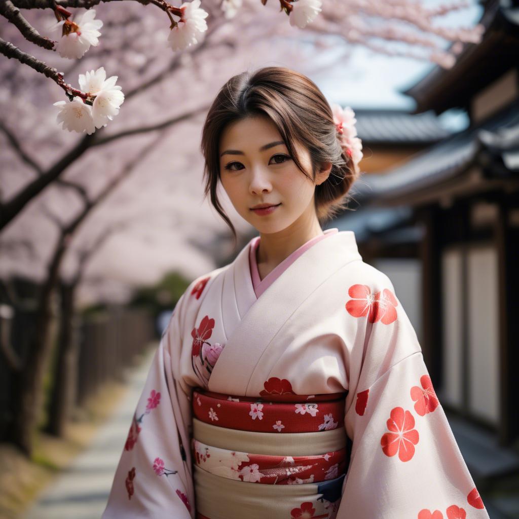 A stunning image of japanese girl in a kimono under cherry blossoms.