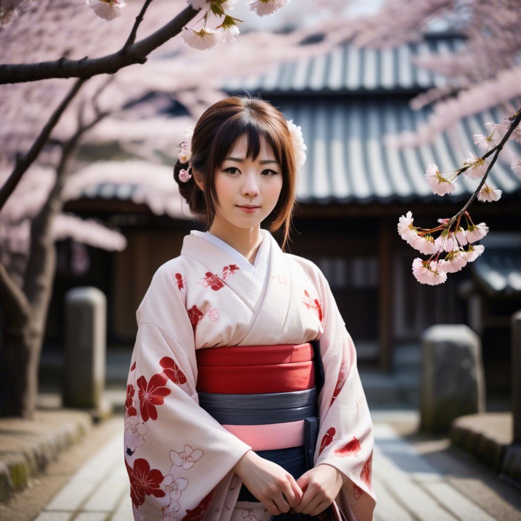 A stunning image of japanese girl in a kimono under cherry blossoms.