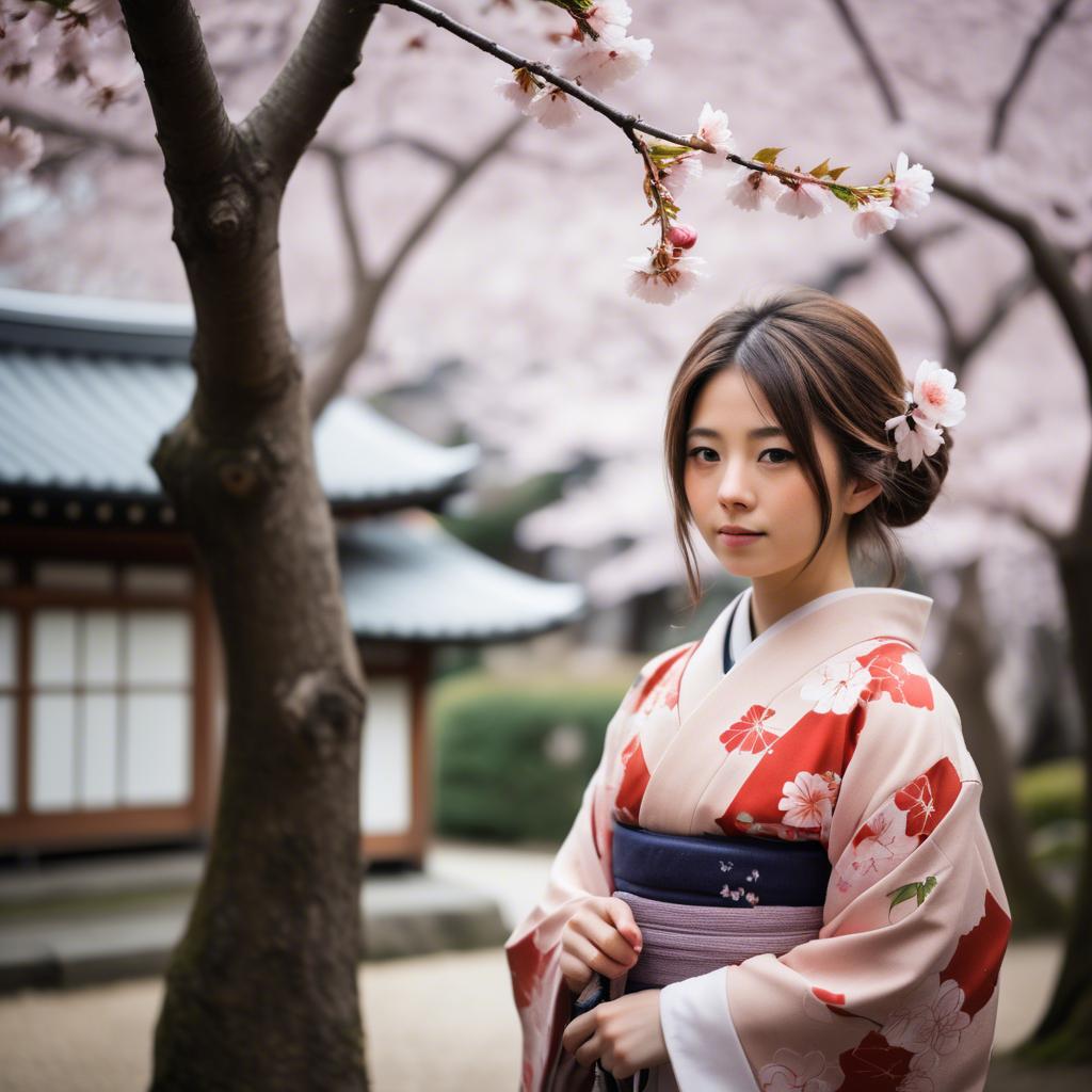 A stunning image of japanese girl in a kimono under cherry blossoms.
