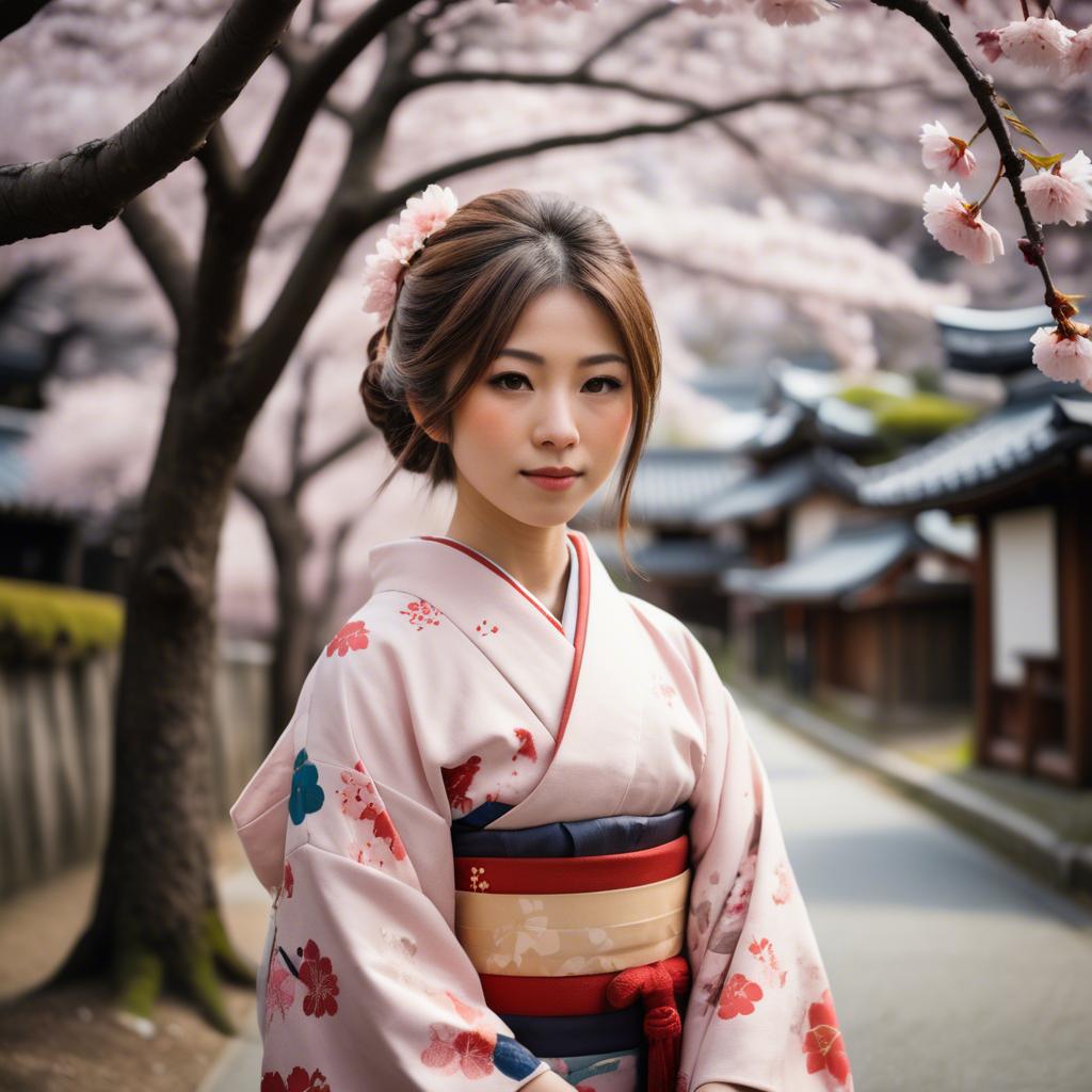 A stunning image of japanese girl in a kimono under cherry blossoms.