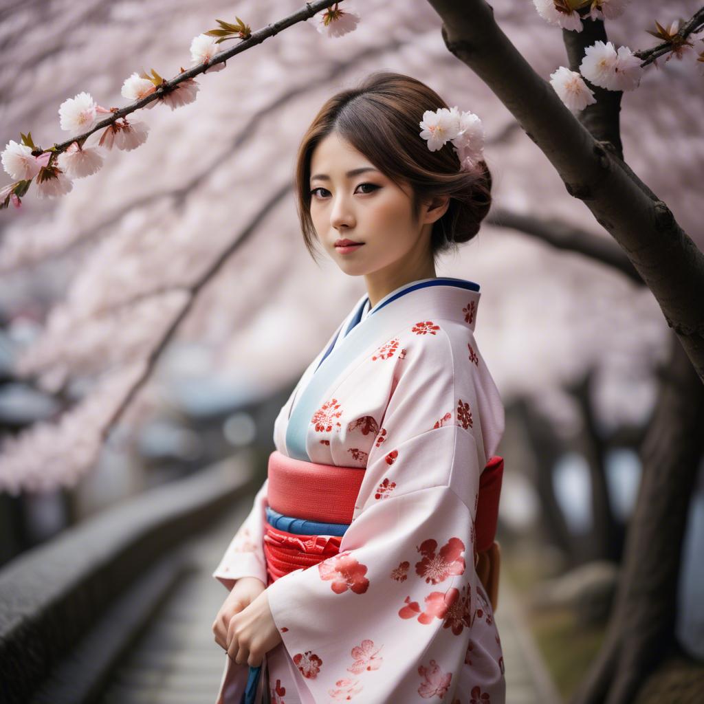 A stunning image of japanese girl in a kimono under cherry blossoms.