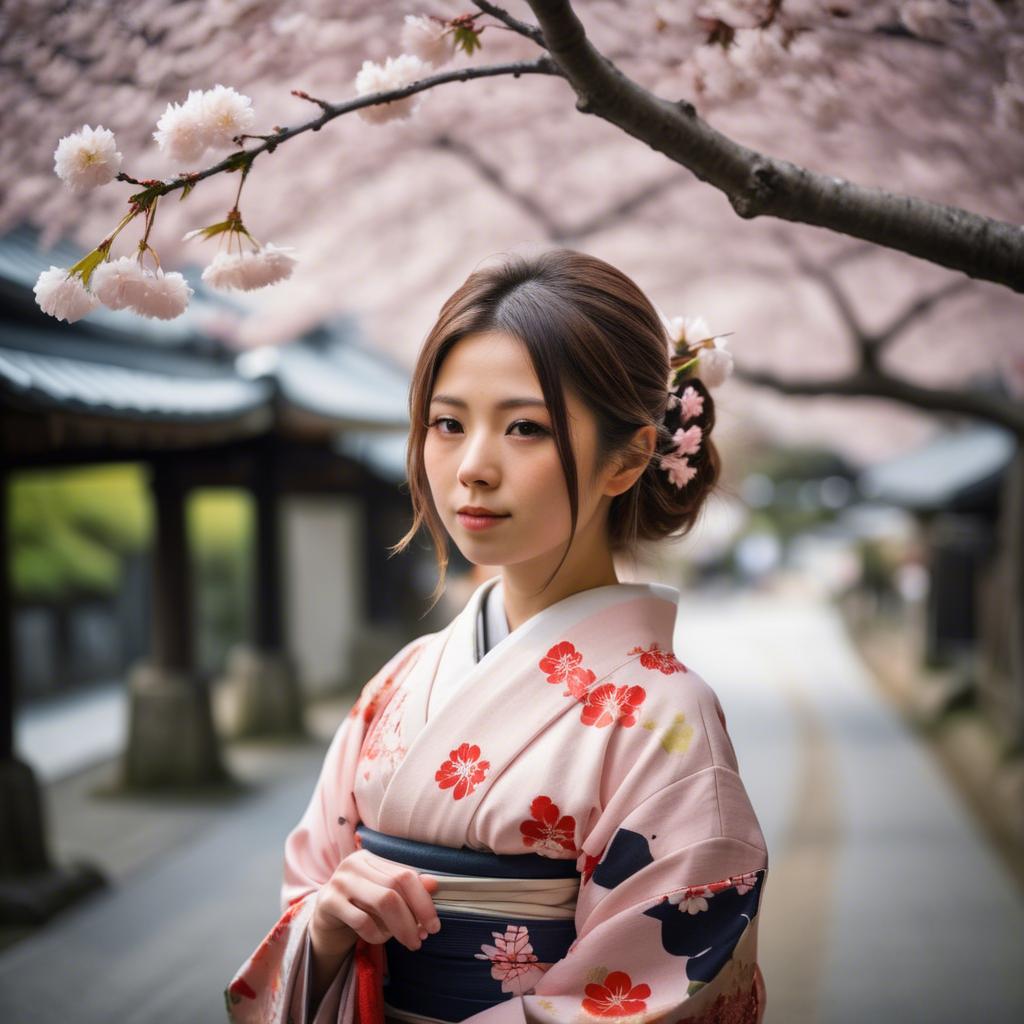 A stunning image of japanese girl in a kimono under cherry blossoms.