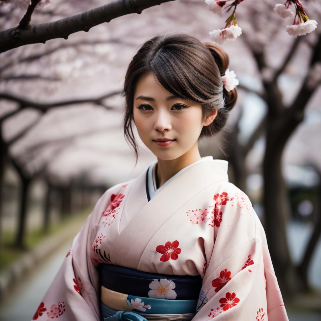 A stunning image of japanese girl in a kimono under cherry blossoms.