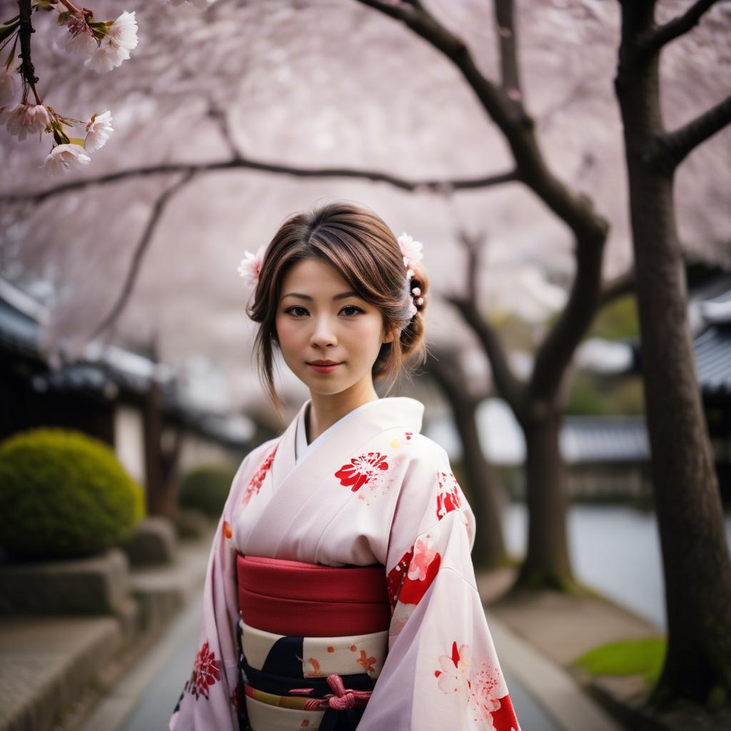 A stunning image of japanese girl in a kimono under cherry blossoms.