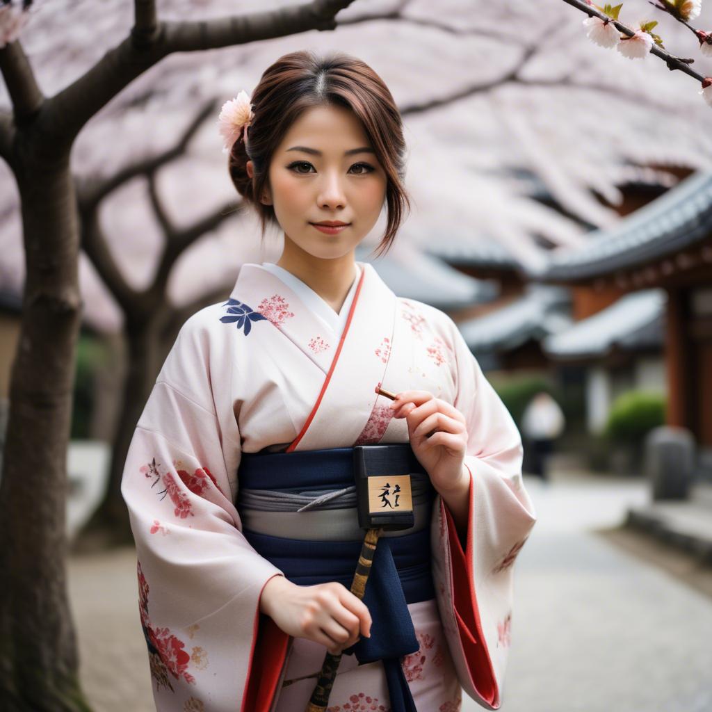 A stunning image of japanese girl in a kimono under cherry blossoms.