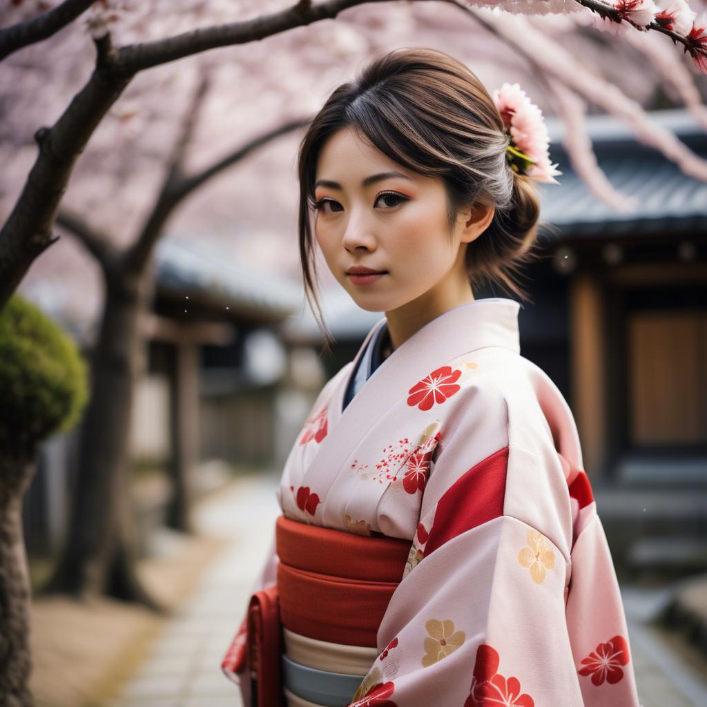 A stunning image of japanese girl in a kimono under cherry blossoms.
