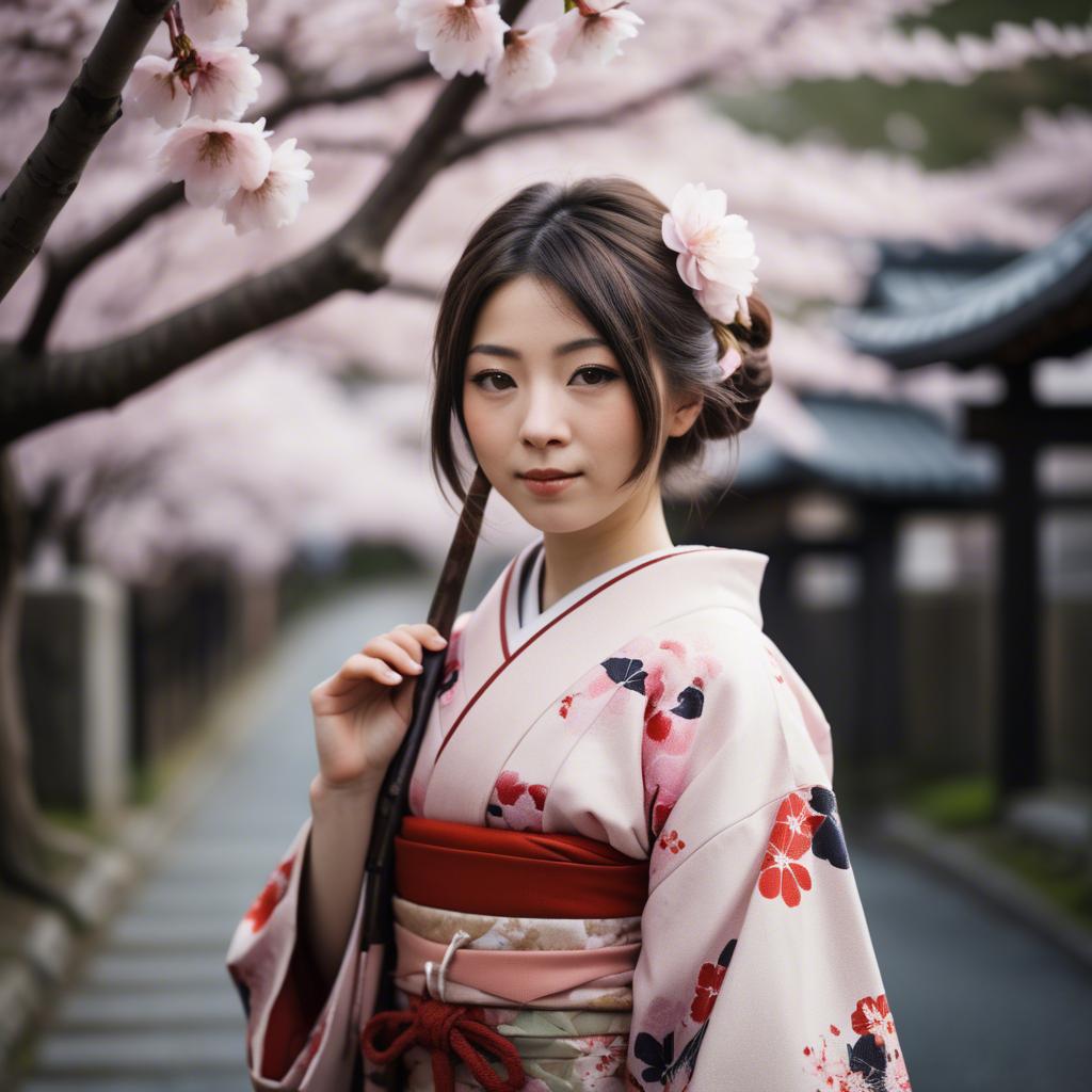 A stunning image of japanese girl in a kimono under cherry blossoms.