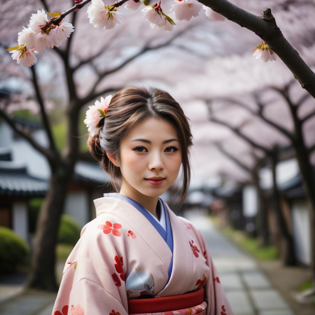 A stunning image of japanese girl in a kimono under cherry blossoms.