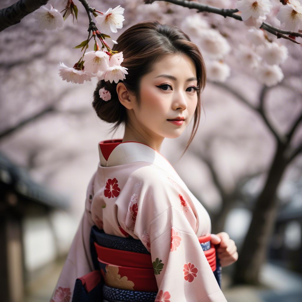 A stunning image of japanese girl in a kimono under cherry blossoms.