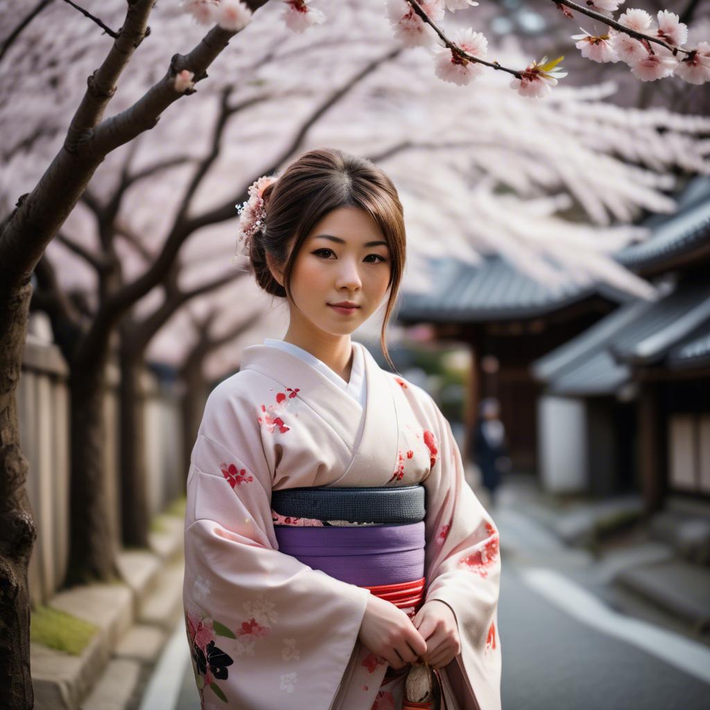 A stunning image of japanese girl in a kimono under cherry blossoms.