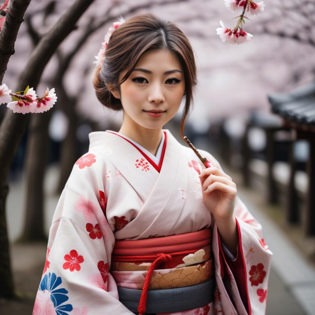 A stunning image of japanese girl in a kimono under cherry blossoms.