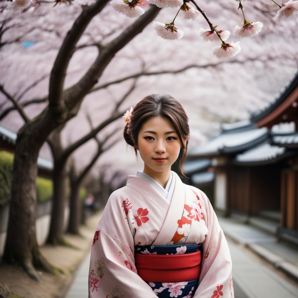 A stunning image of japanese girl in a kimono under cherry blossoms.