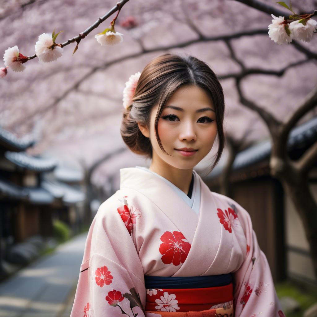 A stunning image of japanese girl in a kimono under cherry blossoms.
