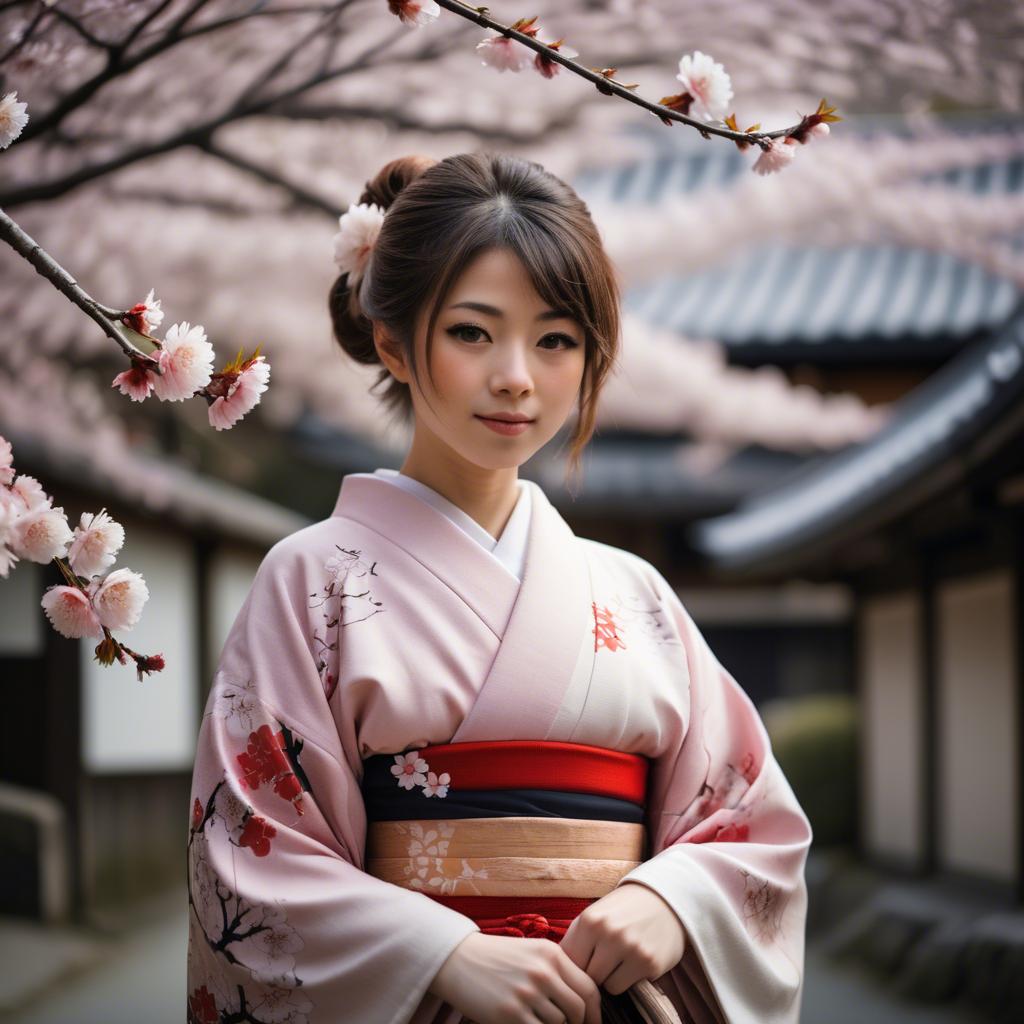 A stunning image of japanese girl in a kimono under cherry blossoms.