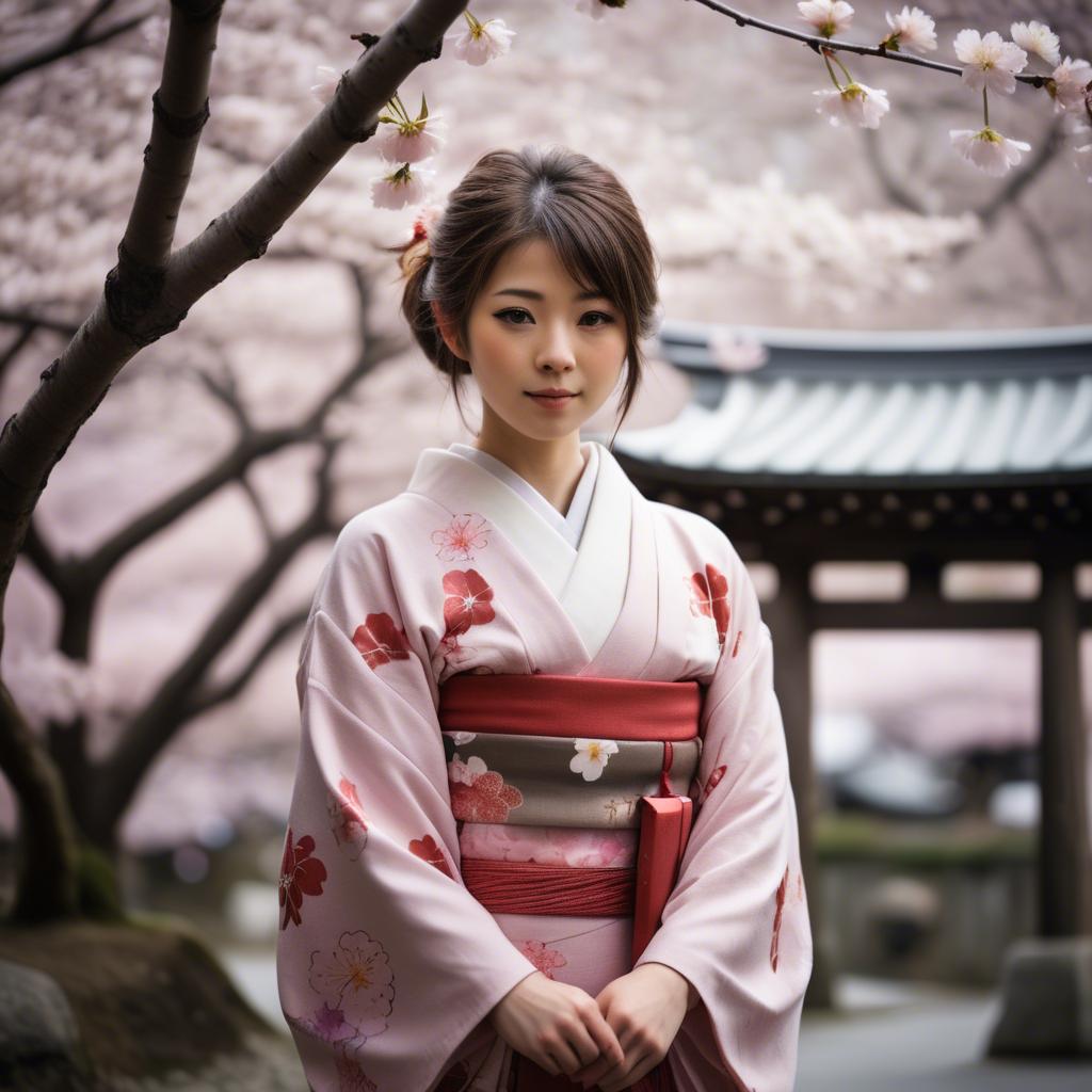 A stunning image of japanese girl in a kimono under cherry blossoms.