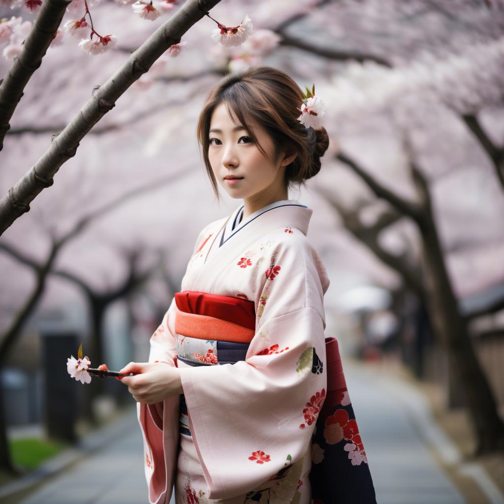 A stunning image of japanese girl in a kimono under cherry blossoms.
