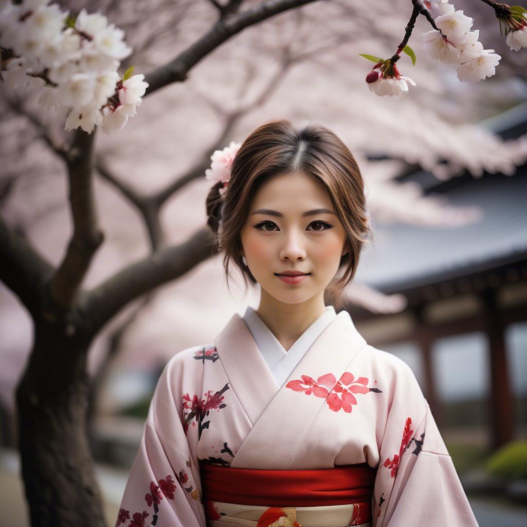 A stunning image of japanese girl in a kimono under cherry blossoms.