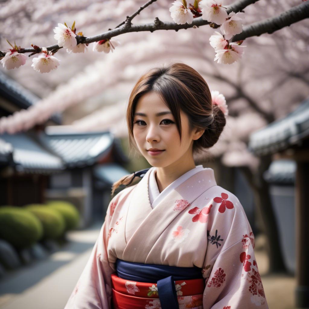 A stunning image of japanese girl in a kimono under cherry blossoms.