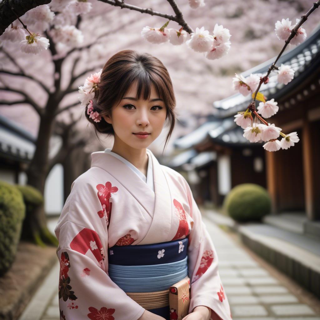 A stunning image of japanese girl in a kimono under cherry blossoms.
