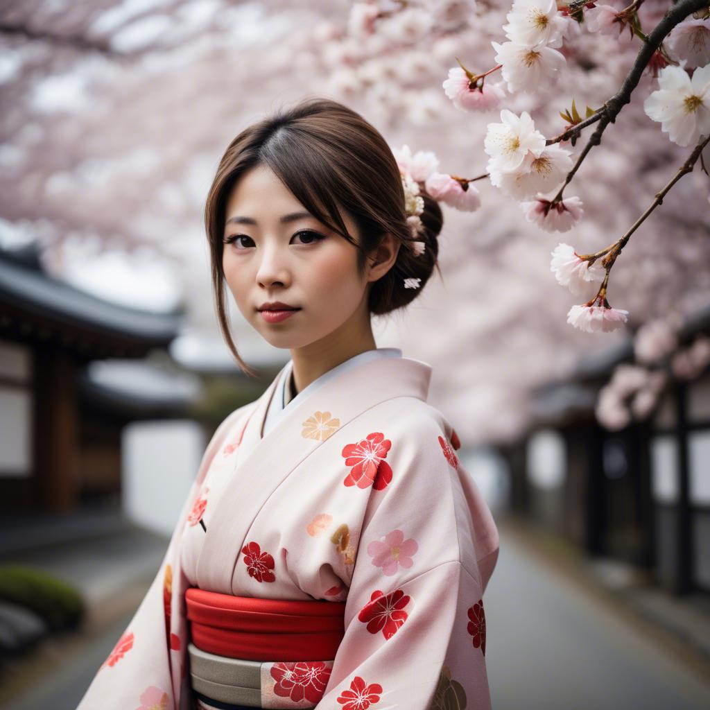A stunning image of japanese girl in a kimono under cherry blossoms.