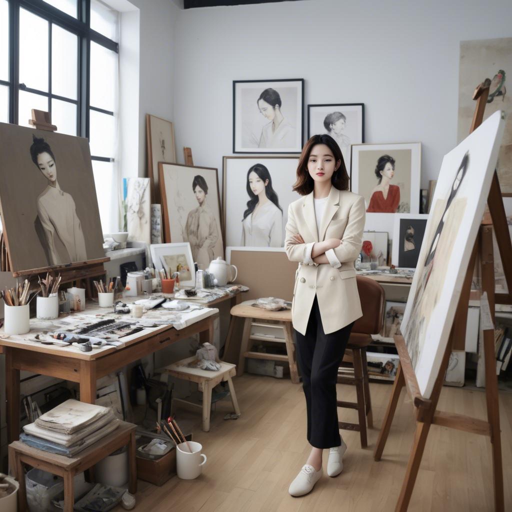 A stunning image of korean artist in a chic studio.