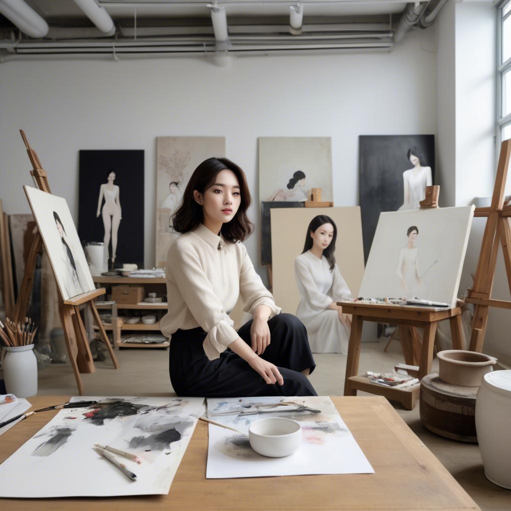 A stunning image of korean artist in a chic studio.
