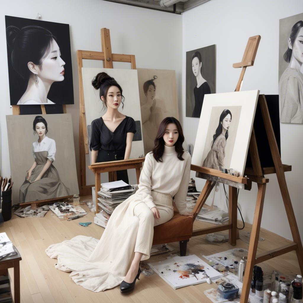 A stunning image of korean artist in a chic studio.