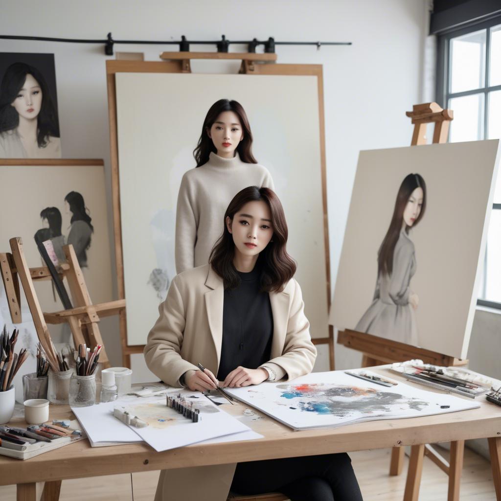 A stunning image of korean artist in a chic studio.
