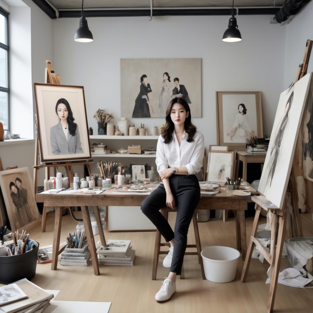 A stunning image of korean artist in a chic studio.