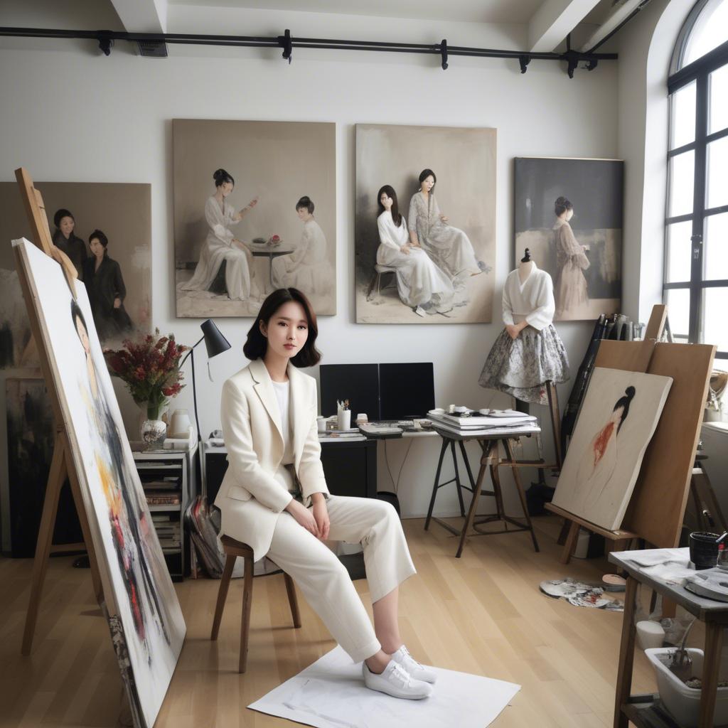 A stunning image of korean artist in a chic studio.