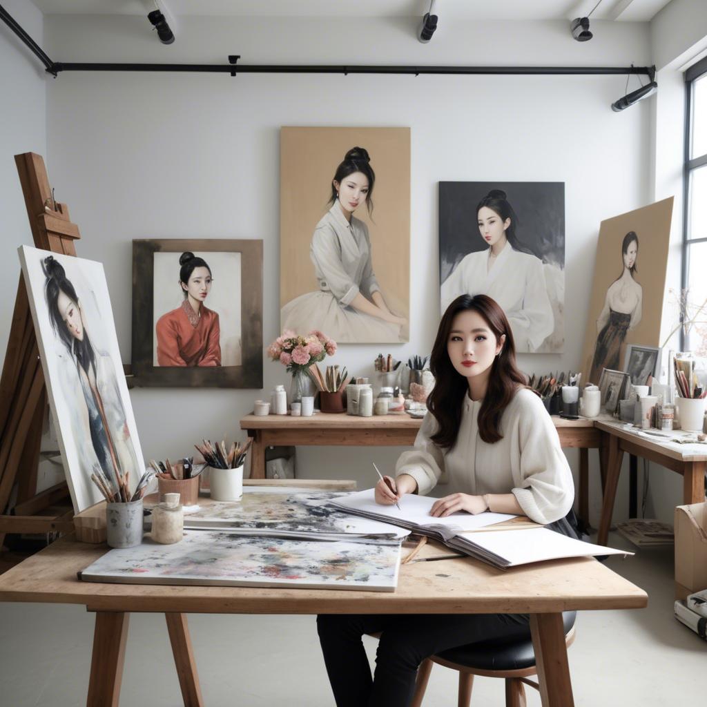 A stunning image of korean artist in a chic studio.