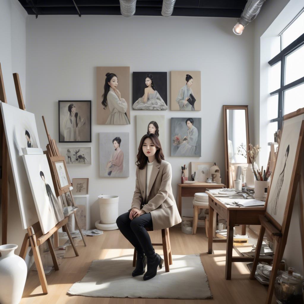 A stunning image of korean artist in a chic studio.