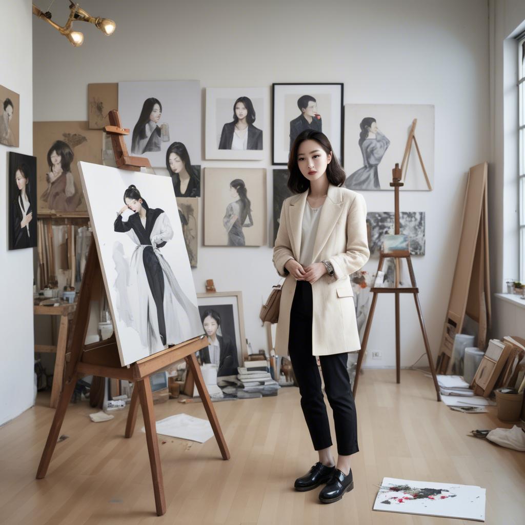 A stunning image of korean artist in a chic studio.