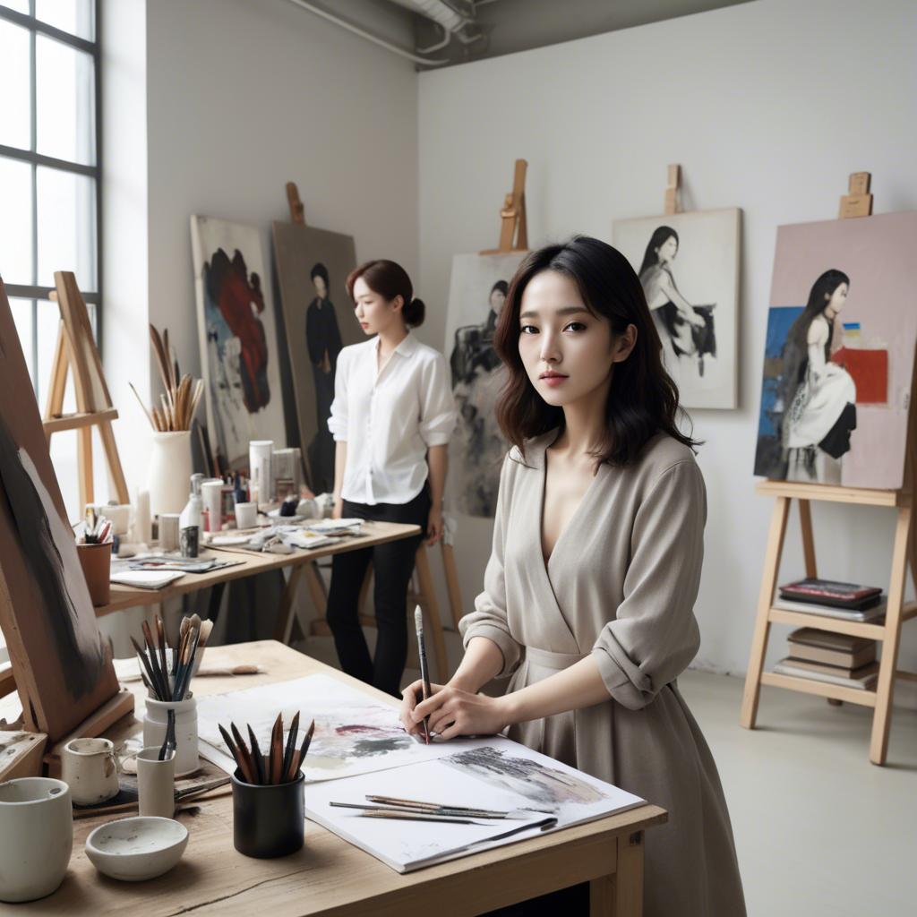 A stunning image of korean artist in a chic studio.