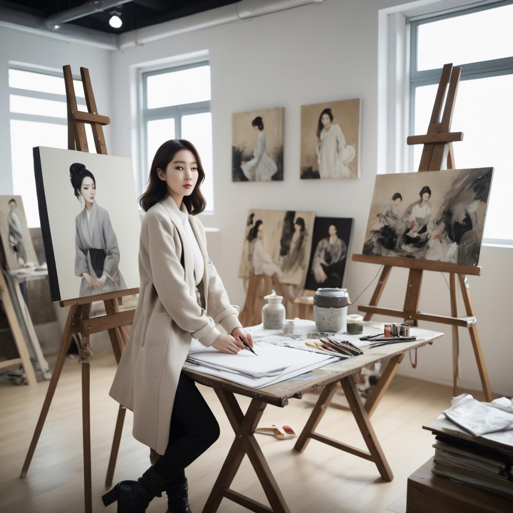 A stunning image of korean artist in a chic studio.