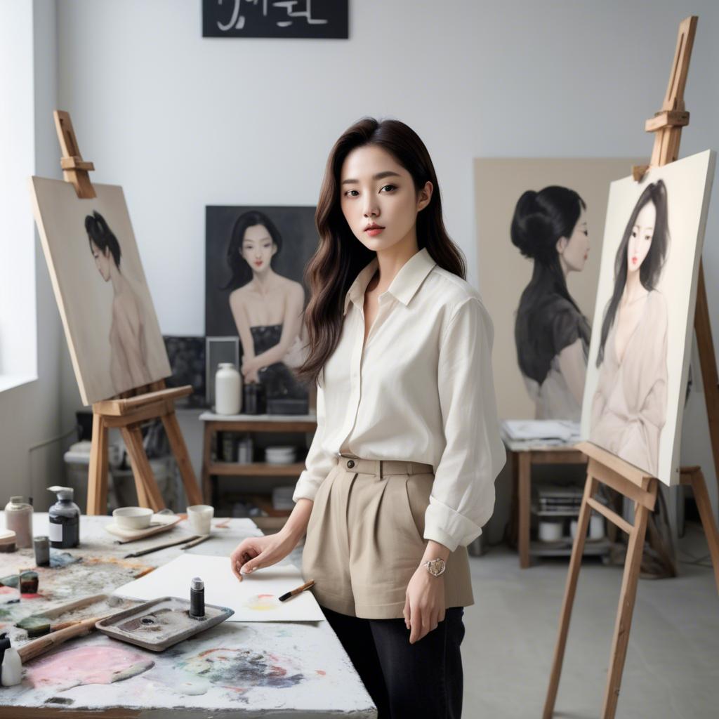 A stunning image of korean artist in a chic studio.