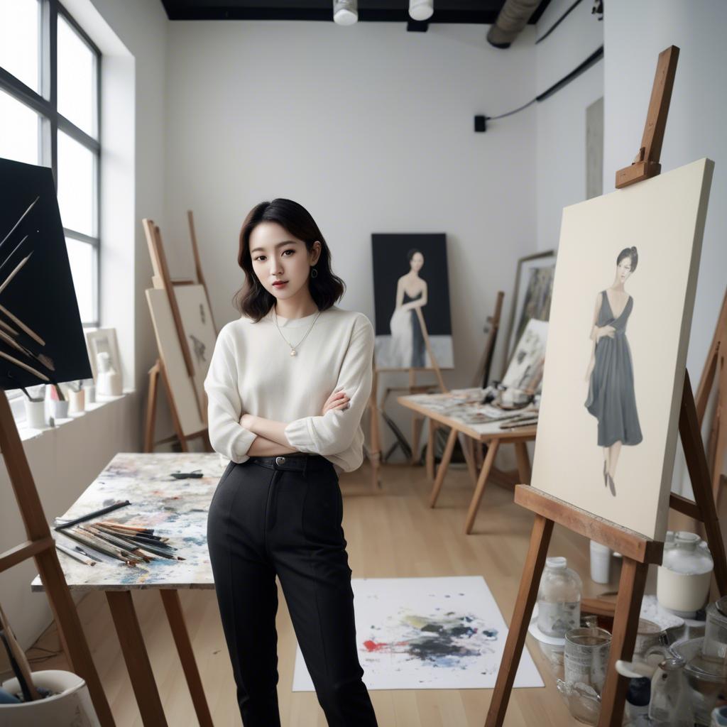 A stunning image of korean artist in a chic studio.