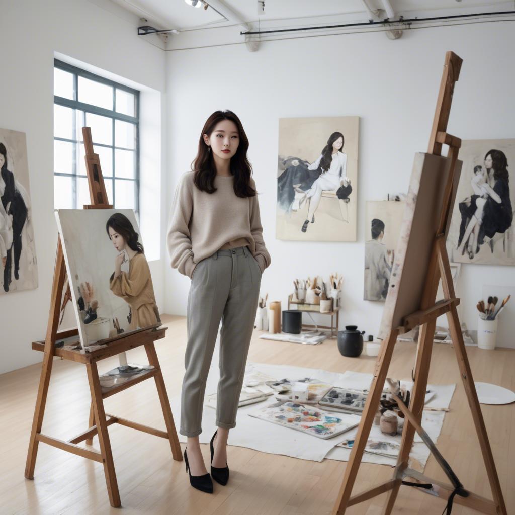 A stunning image of korean artist in a chic studio.