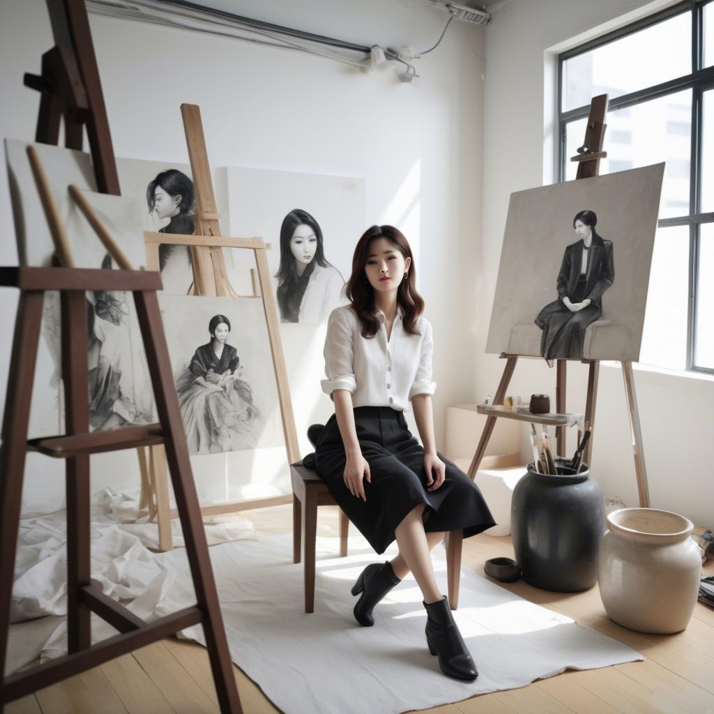 A stunning image of korean artist in a chic studio.