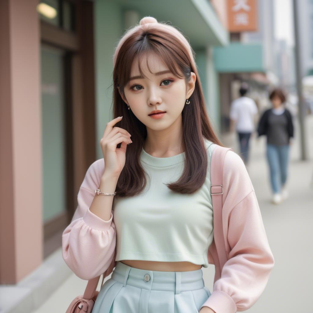 A stunning image of korean girl in a cute pastel outfit.