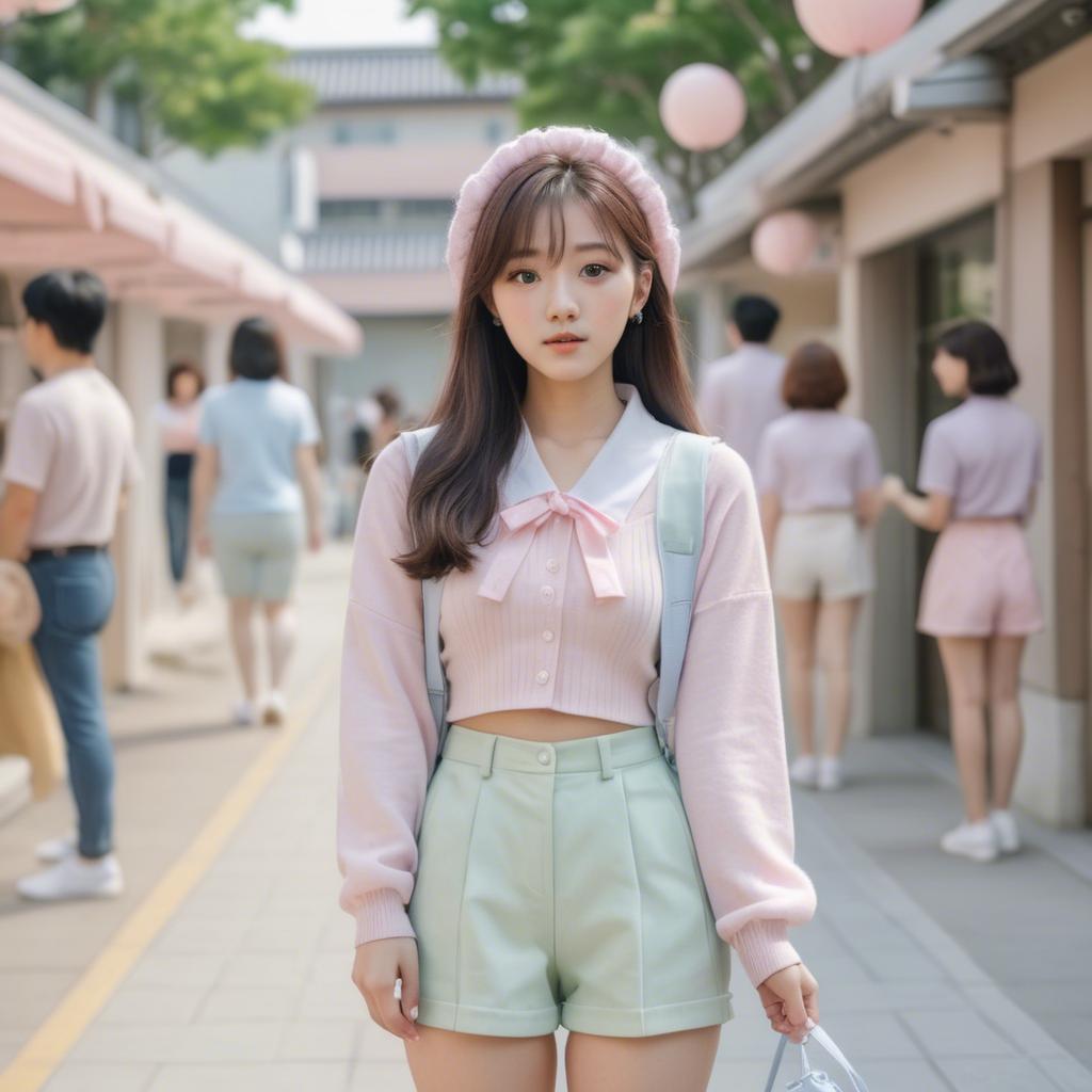 A stunning image of korean girl in a cute pastel outfit.